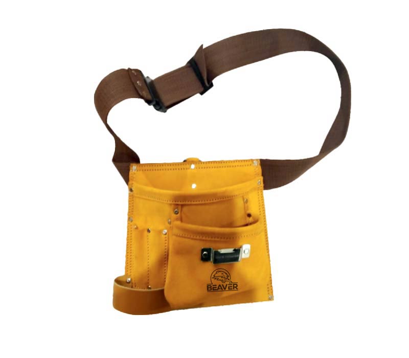 Economy leather tool apron with 5 pockets yellow color