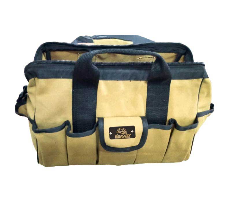 polyester tool bag with 15 pockets beige color