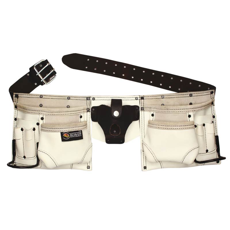 Professional tool apron top grain oil leather with 11 pockets black/white color