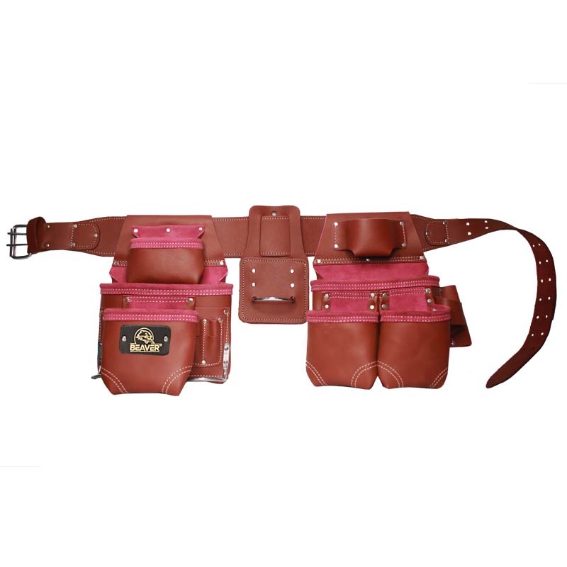 Professional tool apron top grain oil leather with 14 pockets cherry/pink
