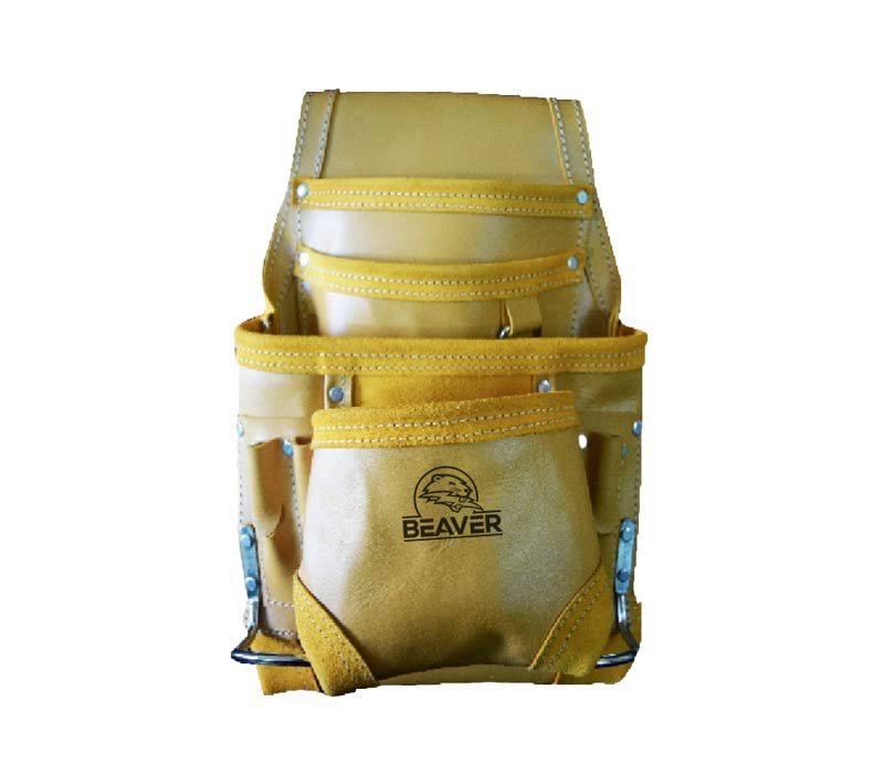 Suede leather tool pouch with 10 pockets yellow color