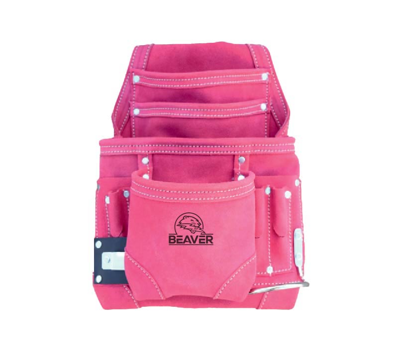 Suede leather tool pouch with 10 pockets pink color