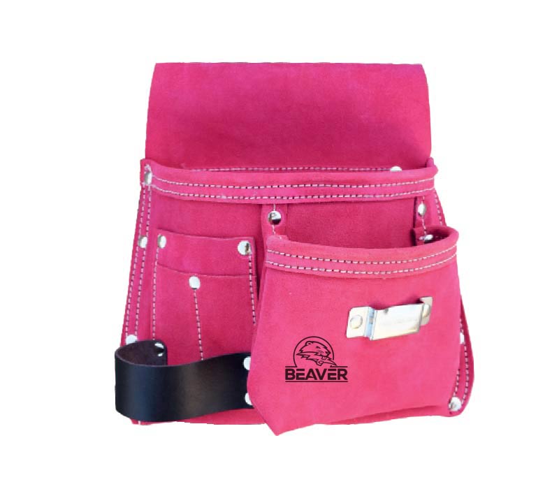 Suede leather tool pouch with 5 pockets pink color